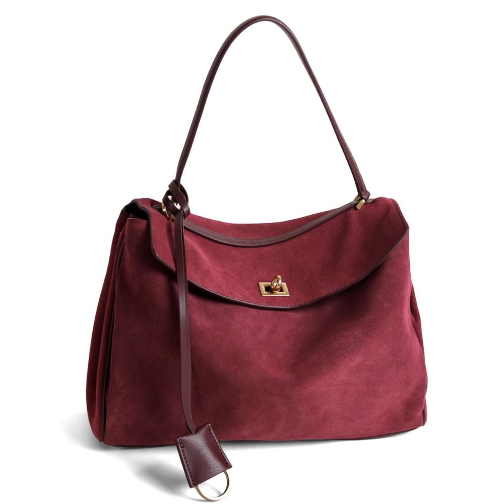 Leather Suede Tote Bag Genuine Leather Shoulder Handbag - Large B)